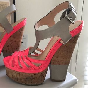 Leather & cork neon pink & grey heeled wedges